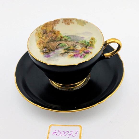 Shelley Fine Bone China Black & Gold Teacup and Saucer Set - Heather Pattern - Picture 10 of 10